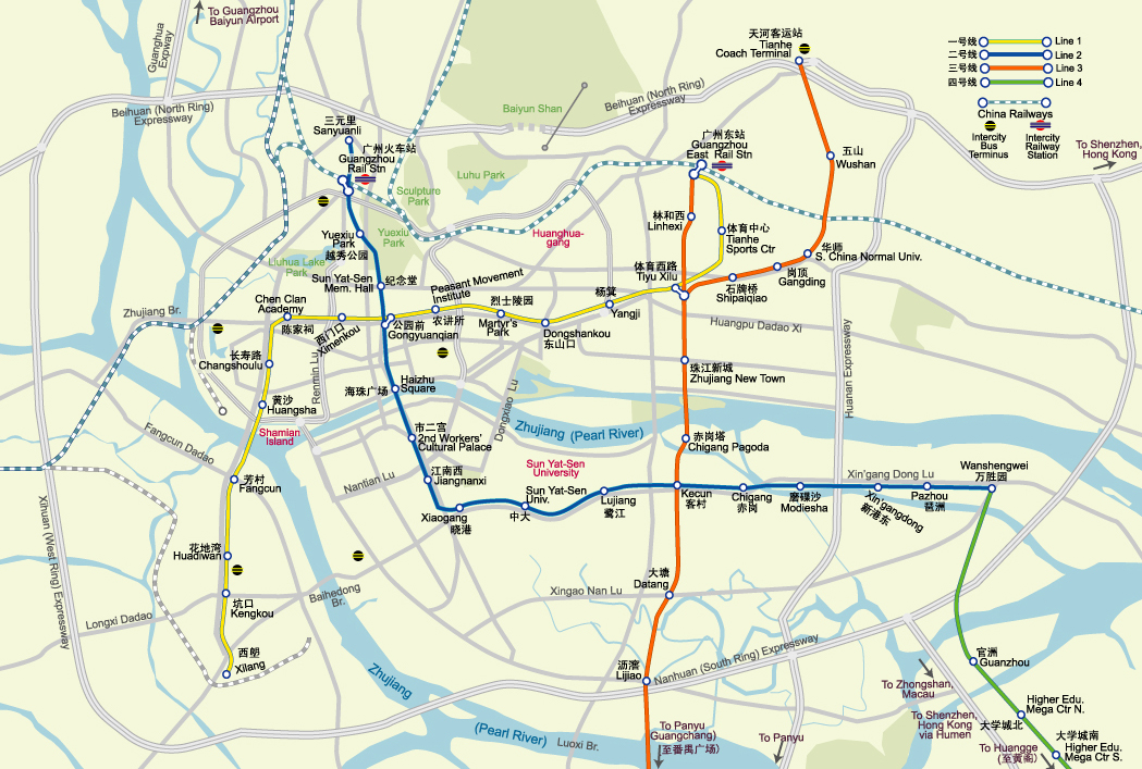 Схема метро Гуанчжоу на карте города